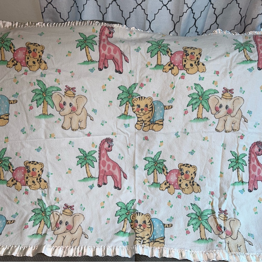 Vintage Baby Blanket Safari tiger elephant giraffe wearing hats silk ruf…